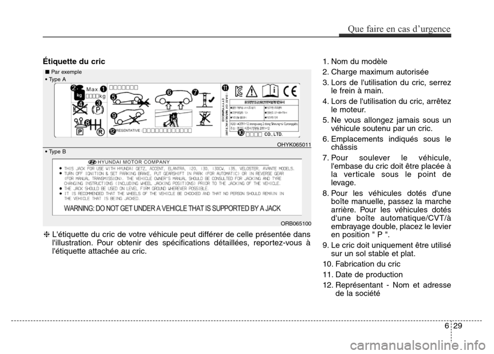 Hyundai Accent 2015 Manuel du propriétaire (in French) Étiquette du cric1. Nom du modèle
2. Charge maximum autorisée
3. Lors de lutilisation du cric, serrez
le frein à main.
4. Lors de lutilisation du cric, arrêtez le moteur.
5. Ne vous allongez ja Hyundai Accent 2015 Manuel du propriétaire (in French) Étiquette du cric1. Nom du modèle
2. Charge maximum autorisée
3. Lors de lutilisation du cric, serrez
le frein à main.
4. Lors de lutilisation du cric, arrêtez le moteur.
5. Ne vous allongez ja