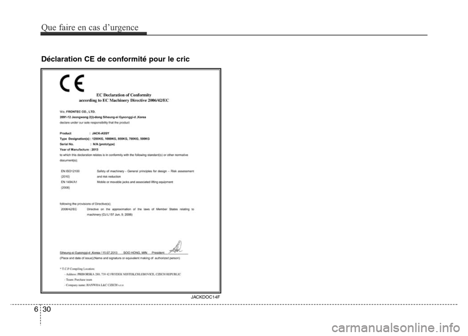 Hyundai Accent 2015 Manuel du propriétaire (in French) Déclaration CE de conformité pour le cric
JACKDOC14F
630
Que faire en cas d’urgence Hyundai Accent 2015 Manuel du propriétaire (in French) Déclaration CE de conformité pour le cric
JACKDOC14F
630
Que faire en cas d’urgence