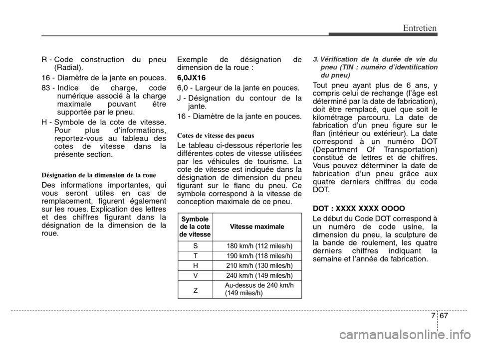 Hyundai Accent 2015 Manuel du propriétaire (in French) 767
Entretien
R - Code construction du pneu(Radial).
16 - Diamètre de la jante en pouces.
83 - Indice de charge, code numérique associé à la charge
maximale pouvant être
supportée par le pneu.
H Hyundai Accent 2015 Manuel du propriétaire (in French) 767
Entretien
R - Code construction du pneu(Radial).
16 - Diamètre de la jante en pouces.
83 - Indice de charge, code numérique associé à la charge
maximale pouvant être
supportée par le pneu.
H
