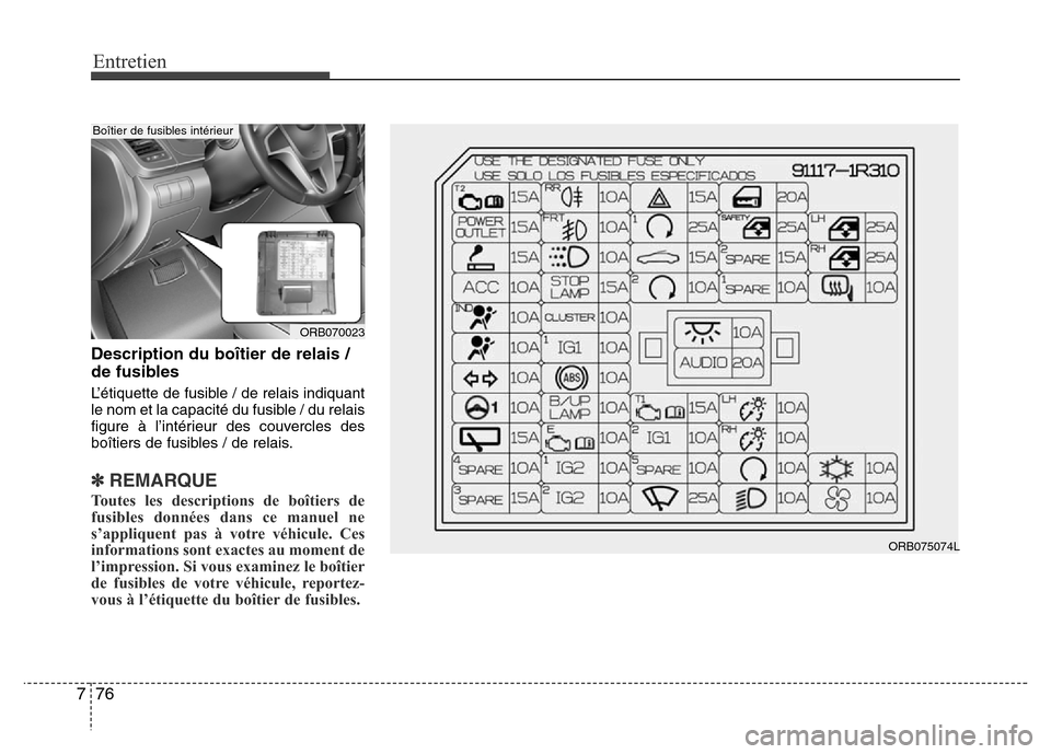 Hyundai Accent 2015 Manuel du propriétaire (in French) Entretien
76
7
Description du boîtier de relais /
de fusibles
L’étiquette de fusible / de relais indiquant
le nom et la capacité du fusible / du relais
figure à l’intérieur des couvercles des Hyundai Accent 2015 Manuel du propriétaire (in French) Entretien
76
7
Description du boîtier de relais /
de fusibles
L’étiquette de fusible / de relais indiquant
le nom et la capacité du fusible / du relais
figure à l’intérieur des couvercles des