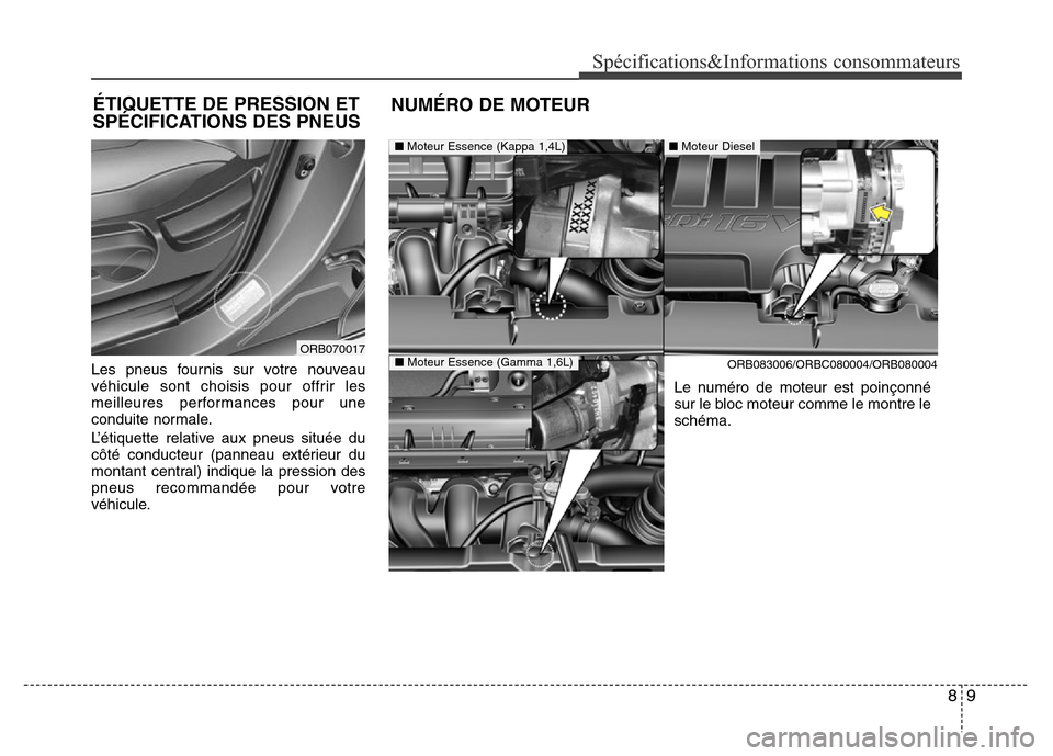 Hyundai Accent 2015  Manuel du propriétaire (in French) 89
Spécifications&Informations consommateurs
Les pneus fournis sur votre nouveau
véhicule sont choisis pour offrir les
meilleures performances pour une
conduite normale.
L’étiquette relative aux 