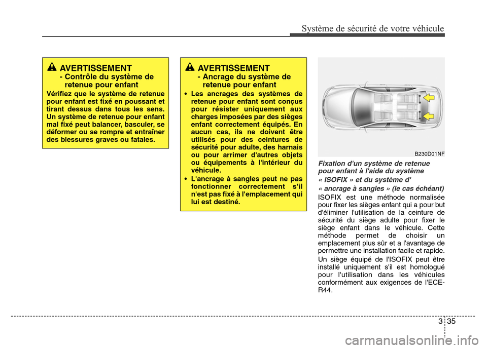 Hyundai Accent 2015  Manuel du propriétaire (in French) 335
Système de sécurité de votre véhicule 
Fixation dun système de retenuepour enfant à laide du système
« ISOFIX » et du système d« ancrage à sangles » (le cas échéant)
ISOFIX est u