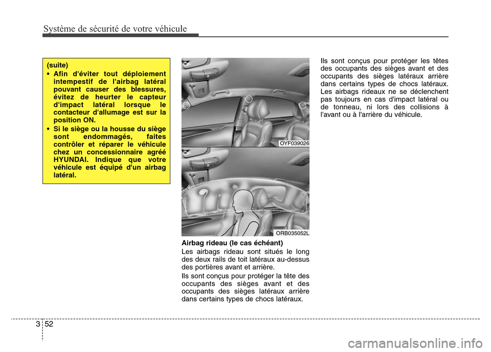 Hyundai Accent 2015  Manuel du propriétaire (in French) Système de sécurité de votre véhicule 
52
3
Airbag rideau (le cas échéant)
Les airbags rideau sont situés le long
des deux rails de toit latéraux au-dessus
des portières avant et arrière.
Il