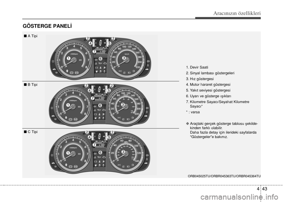 Hyundai Accent 2015  Kullanım Kılavuzu (in Turkish) 443
Aracınızın özellikleri
GÖSTERGE PANEL‹
1. Devir Saati 
2. Sinyal lambas› göstergeleri
3. H›z göstergesi
4. Motor hararet göstergesi
5. Yak›t seviyesi göstergesi
6. Uyar› ve gös
