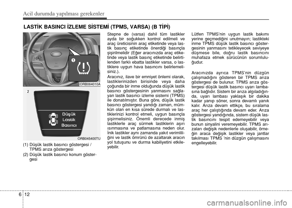 Hyundai Accent 2015  Kullanım Kılavuzu (in Turkish) Acil durumda yapılması gerekenler
12 6
LASTİK BASINCI İZLEME SİSTEMİ (TPMS, VARSA) (B TİPİ)
(1) Düşük lastik basıncı göstergesi /
TPMS arıza göstergesi
(2) Düşük lastik basıncı ko