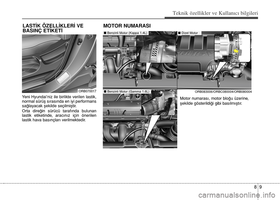 Hyundai Accent 2015  Kullanım Kılavuzu (in Turkish) 89
Teknik özellikler ve Kullan�c� bilgileri
Yeni Hyundai’niz ile birlikte verilen lastik,
normal sürüş sırasında en iyi performans
sağlayacak şekilde seçilmiştir.
Orta direğin sürücü t