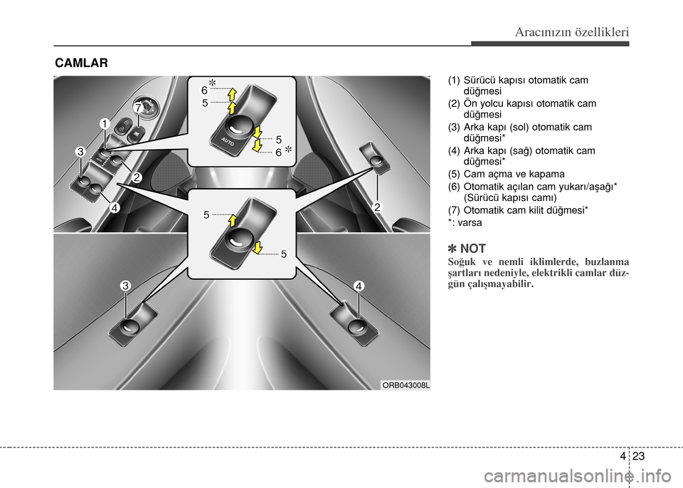 Hyundai Accent 2015 Kullanım Kılavuzu (in Turkish) 423
Aracınızın özellikleri
(1) Sürücü kap›s› otomatik cam
dü€mesi
(2) Ön yolcu kap›s› otomatik cam
dü€mesi
(3) Arka kap› (sol) otomatik cam
dü€mesi*
(4) Arka kap› (sa€) Hyundai Accent 2015 Kullanım Kılavuzu (in Turkish) 423
Aracınızın özellikleri
(1) Sürücü kap›s› otomatik cam
dü€mesi
(2) Ön yolcu kap›s› otomatik cam
dü€mesi
(3) Arka kap› (sol) otomatik cam
dü€mesi*
(4) Arka kap› (sa€)