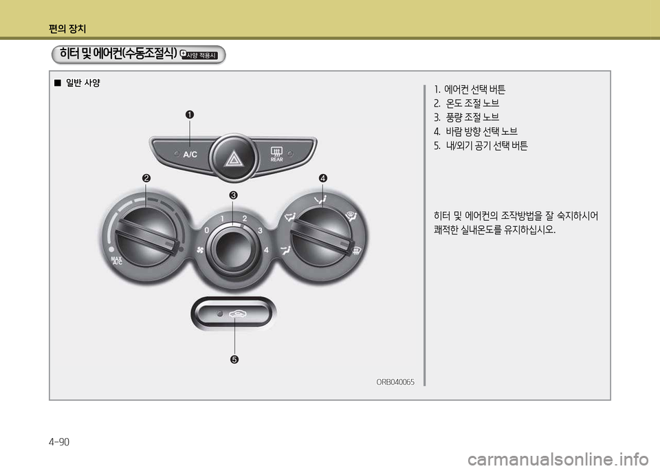 Hyundai Accent 2015  엑센트 RB - 사용 설명서 (in Korean) 편의 장치 4-90
ORB0400작자ORB0400작자
좌.   에2<컨  선=e  버튼
속 .  온도  4