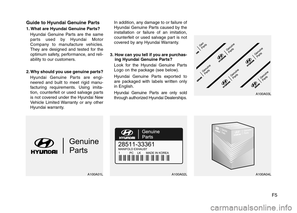 Hyundai Accent 2014 Owners Manual F5 Guide to Hyundai Genuine Parts
1. What are Hyundai Genuine Parts?
Hyundai Genuine Parts are the same
parts used by Hyundai Motor
Company to manufacture vehicles.
They are designed and tested for th Hyundai Accent 2014 Owners Manual F5 Guide to Hyundai Genuine Parts
1. What are Hyundai Genuine Parts?
Hyundai Genuine Parts are the same
parts used by Hyundai Motor
Company to manufacture vehicles.
They are designed and tested for th