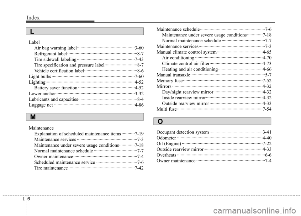 Hyundai Accent 2014  Owners Manual Index
6I
Label
Air bag warning label················································3-60
Refrigerant label ······················�