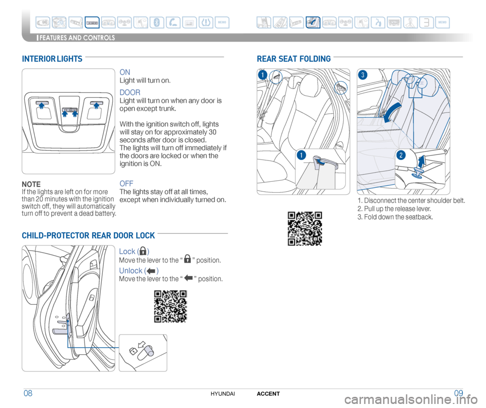 Hyundai Accent 2014  Quick Reference Guide 0908ACCENTHYUNDAI 
FEATURES AND CONTROLS
INTERIOR LIGHTS
ON
Light will turn on.
DOOR
Light will turn on when any door is 
open except trunk. 
 
With the ignition switch off, lights 
will stay on for a