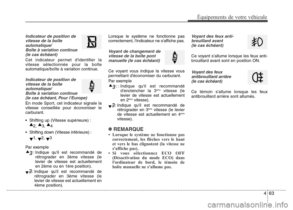 Hyundai Accent 2014  Manuel du propriétaire (in French) 463
Équipements de votre véhicule
Indicateur de position de
vitesse de la boîte
automatique/
Boîte à variation continue 
(le cas échéant)
Cet indicateur permet didentifier la
vitesse sélectio