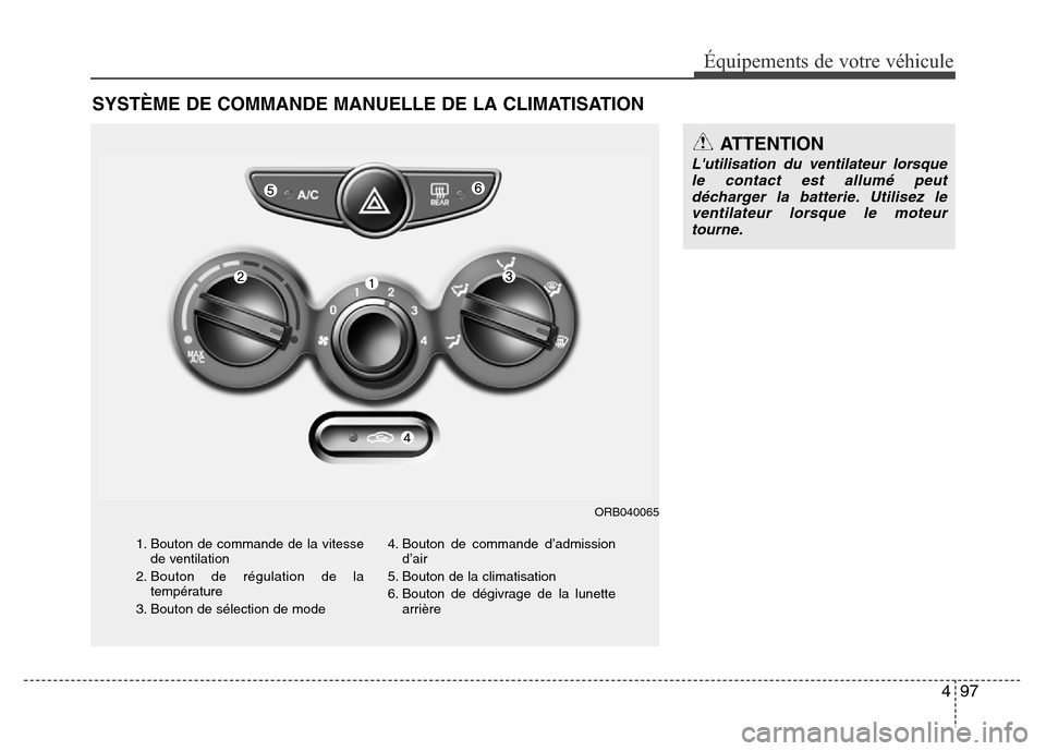 Hyundai Accent 2014  Manuel du propriétaire (in French) 497
Équipements de votre véhicule
SYSTÈME DE COMMANDE MANUELLE DE LA CLIMATISATION
1. Bouton de commande de la vitesse 
de ventilation
2. Bouton de régulation de la
température
3. Bouton de séle