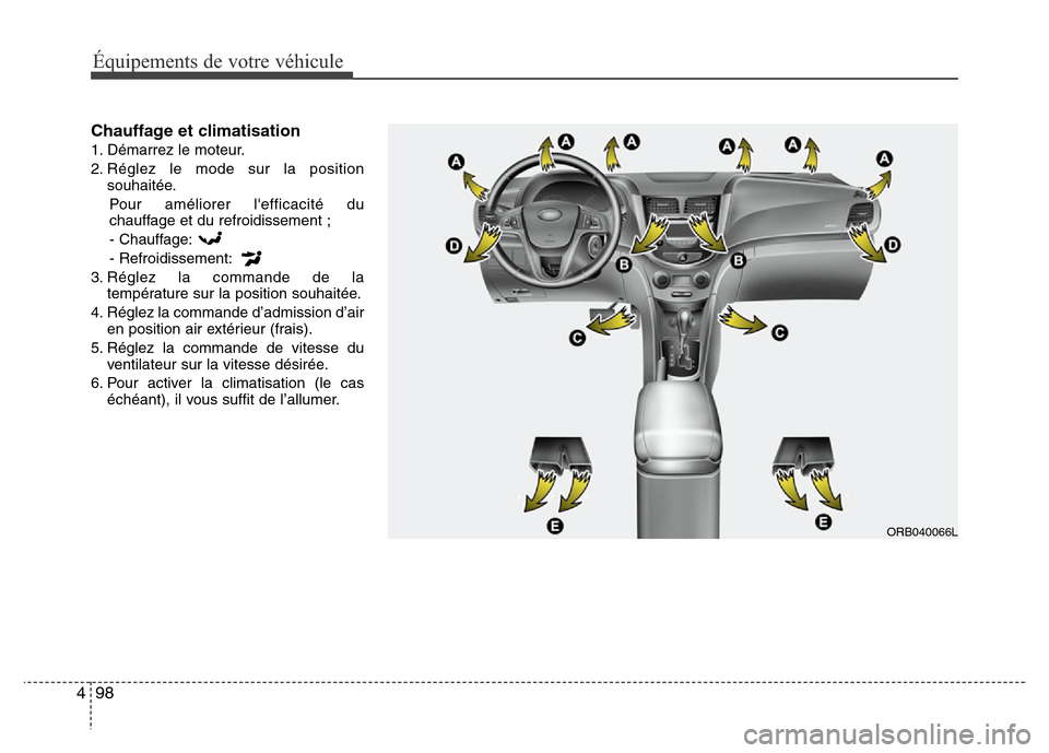 Hyundai Accent 2014  Manuel du propriétaire (in French) Équipements de votre véhicule
98 4
Chauffage et climatisation
1. Démarrez le moteur.
2. Réglez le mode sur la position
souhaitée.
Pour améliorer lefficacité du
chauffage et du refroidissement 