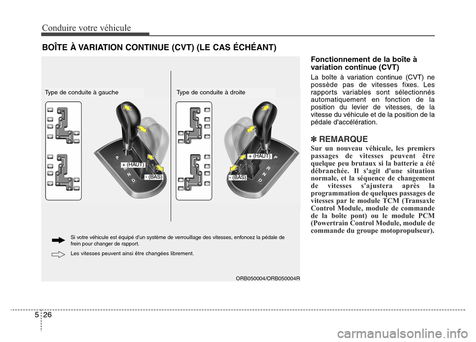 Hyundai Accent 2014 Manuel du propriétaire (in French) Conduire votre véhicule
26 5
Fonctionnement de la boîte Ã
variation continue (CVT)
La boîte à variation continue (CVT) ne
possède pas de vitesses fixes. Les
rapports variables sont sélectionnà Hyundai Accent 2014 Manuel du propriétaire (in French) Conduire votre véhicule
26 5
Fonctionnement de la boîte Ã
variation continue (CVT)
La boîte à variation continue (CVT) ne
possède pas de vitesses fixes. Les
rapports variables sont sélectionnÃ
