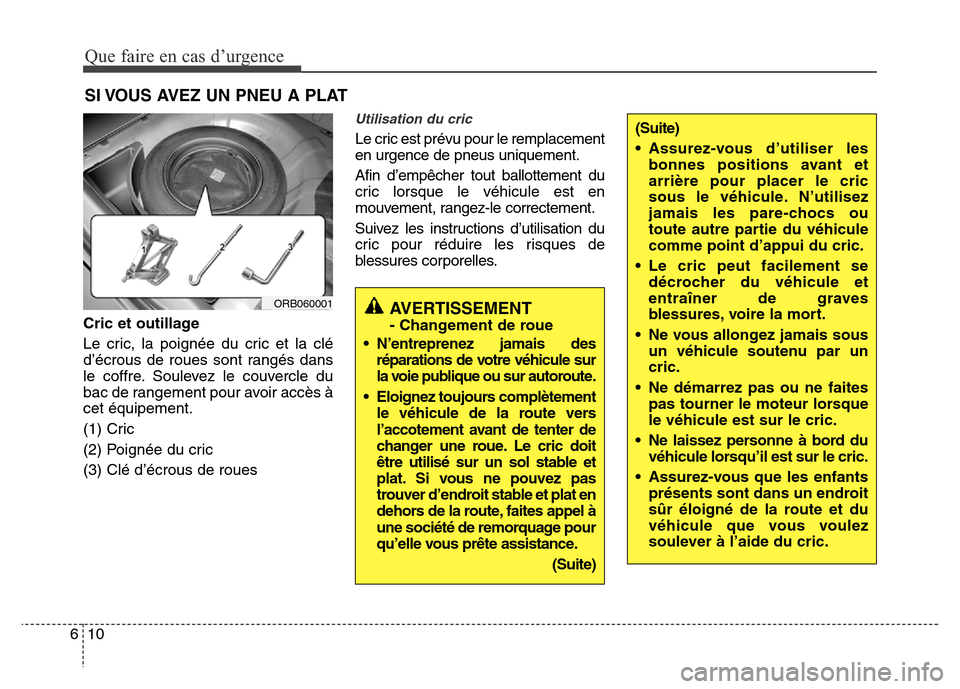 Hyundai Accent 2014  Manuel du propriétaire (in French) Que faire en cas d’urgence
10 6
SI VOUS AVEZ UN PNEU A PLAT
Cric et outillage
Le cric, la poignée du cric et la clé
d’écrous de roues sont rangés dans
le coffre. Soulevez le couvercle du
bac d