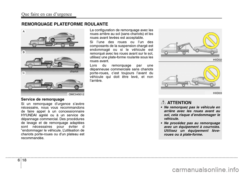 Hyundai Accent 2014  Manuel du propriétaire (in French) Que faire en cas d’urgence
18 6
REMORQUAGE PLATEFORME ROULANTE
Service de remorquage
Si un remorquage d’urgence s’avère
nécessaire, nous vous recommandons
de faire appel à un concessionnaire
