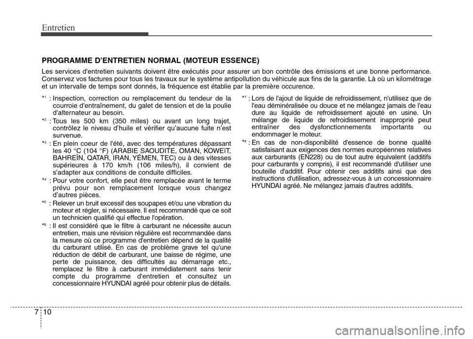 Hyundai Accent 2014 Manuel du propriétaire (in French) Entretien
10 7
PROGRAMME D’ENTRETIEN NORMAL (MOTEUR ESSENCE)
Les services dentretien suivants doivent être exécutés pour assurer un bon contrôle des émissions et une bonne performance.
Conserv Hyundai Accent 2014 Manuel du propriétaire (in French) Entretien
10 7
PROGRAMME D’ENTRETIEN NORMAL (MOTEUR ESSENCE)
Les services dentretien suivants doivent être exécutés pour assurer un bon contrôle des émissions et une bonne performance.
Conserv