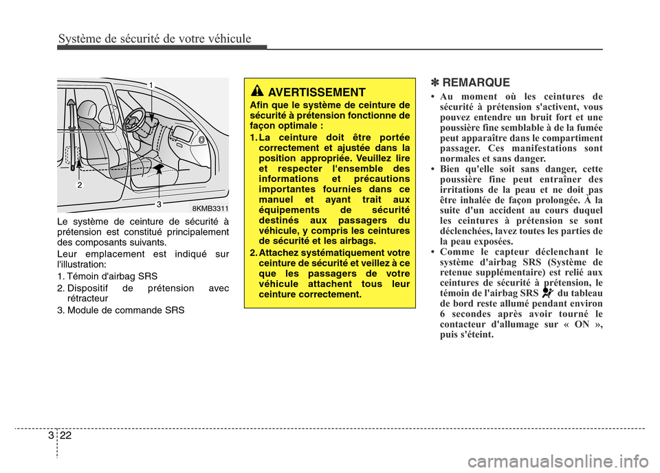 Hyundai Accent 2014  Manuel du propriétaire (in French) Système de sécurité de votre véhicule 
22 3
Le système de ceinture de sécurité à
prétension est constitué principalement
des composants suivants.
Leur emplacement est indiqué sur
lillustra