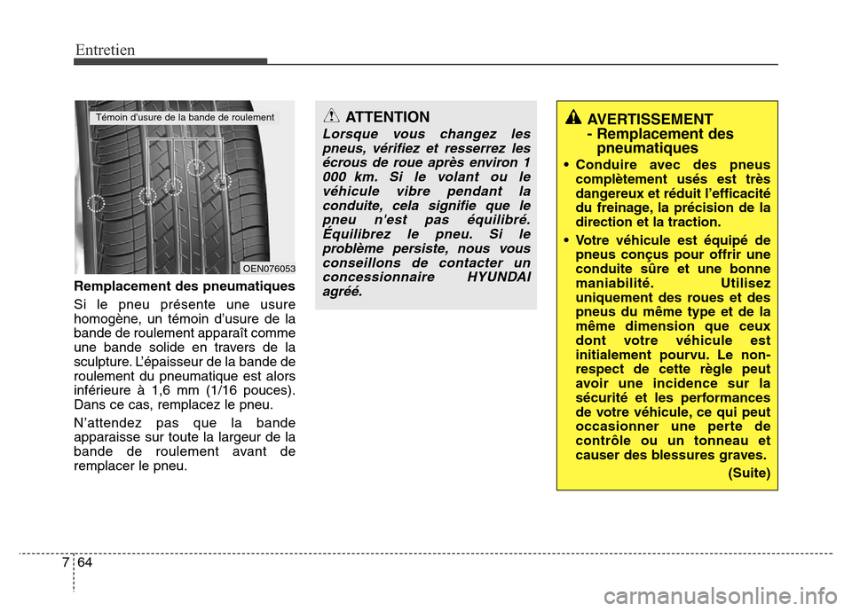 Hyundai Accent 2014  Manuel du propriétaire (in French) Entretien
64 7
Remplacement des pneumatiques
Si le pneu présente une usure
homogène, un témoin d’usure de la
bande de roulement apparaît comme
une bande solide en travers de la
sculpture. L’é