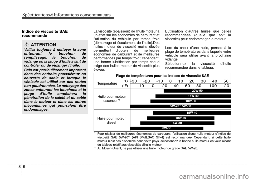 Hyundai Accent 2014  Manuel du propriétaire (in French) Spécifications&Informations consommateurs
6 8
Indice de viscosité SAE
recommandéLa viscosité (épaisseur) de l’huile moteur a
un effet sur les économies de carburant et
l’utilisation du véhi