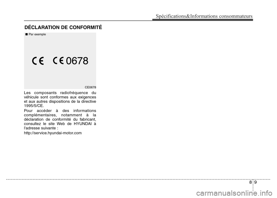 Hyundai Accent 2014  Manuel du propriétaire (in French) 89
Spécifications&Informations consommateurs
Les composants radiofréquence du
véhicule sont conformes aux exigences
et aux autres dispositions de la directive
1995/5/CE.
Pour accéder à des inform