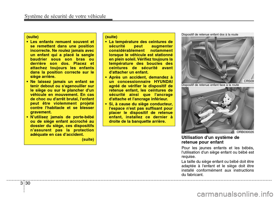 Hyundai Accent 2014  Manuel du propriétaire (in French) Système de sécurité de votre véhicule 
30 3
Utilisation dun système de
retenue pour enfant
Pour les jeunes enfants et les bébés,
lutilisation dun siège enfant ou bébé est
requise.
La tail