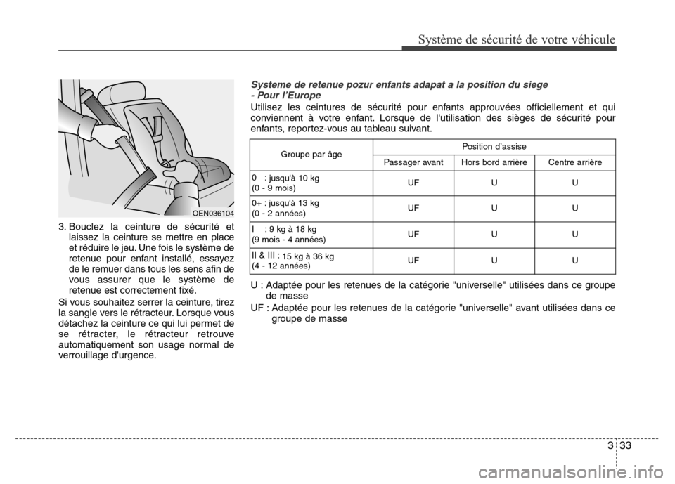 Hyundai Accent 2014  Manuel du propriétaire (in French) 333
Système de sécurité de votre véhicule 
3. Bouclez la ceinture de sécurité et
laissez la ceinture se mettre en place
et réduire le jeu. Une fois le système de
retenue pour enfant installé,