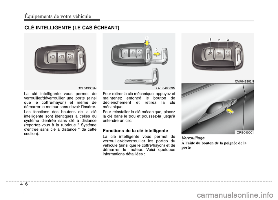 Hyundai Accent 2014 Manuel du propriétaire (in French) Équipements de votre véhicule
6 4
La clé intelligente vous permet de
verrouiller/déverrouiller une porte (ainsi
que le coffre/hayon) et même de
démarrer le moteur sans devoir linsérer.
Les fon Hyundai Accent 2014 Manuel du propriétaire (in French) Équipements de votre véhicule
6 4
La clé intelligente vous permet de
verrouiller/déverrouiller une porte (ainsi
que le coffre/hayon) et même de
démarrer le moteur sans devoir linsérer.
Les fon