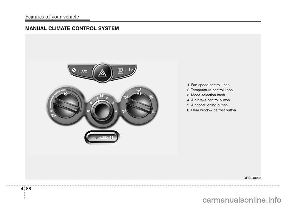 Hyundai Accent 2013  Owners Manual Features of your vehicle
88 4
MANUAL CLIMATE CONTROL SYSTEM
1. Fan speed control knob
2. Temperature control knob
3. Mode selection knob
4. Air intake control button
5. Air conditioning button
6. Rear