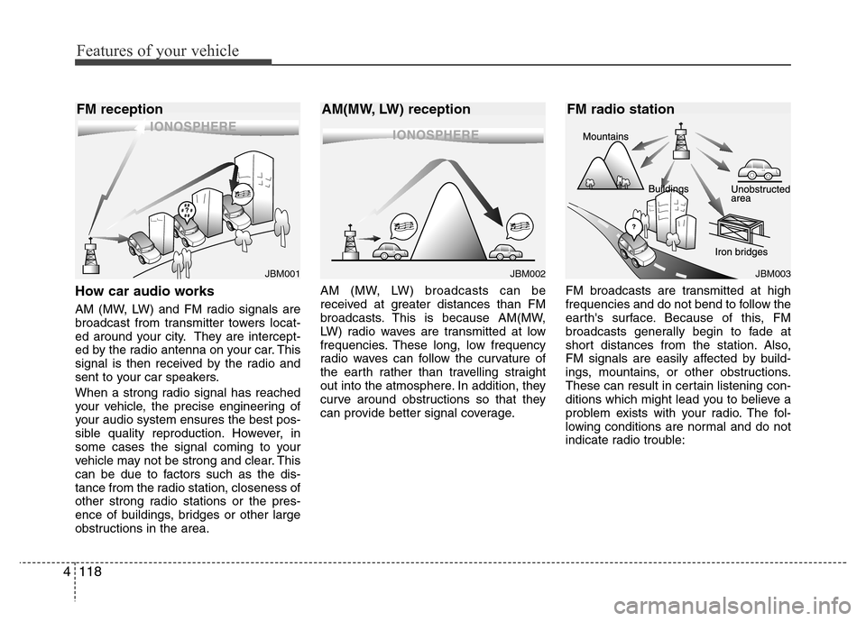 Hyundai Accent 2013  Owners Manual Features of your vehicle
118 4
How car audio works
AM (MW, LW) and FM radio signals are
broadcast from transmitter towers locat-
ed around your city. They are intercept-
ed by the radio antenna on you