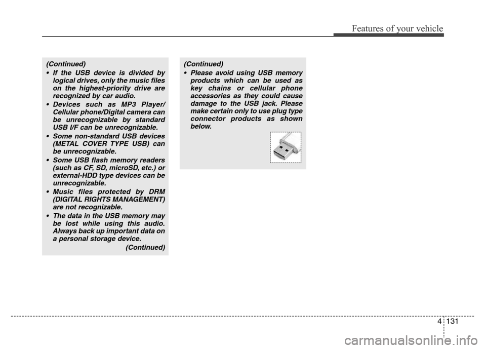 Hyundai Accent 2013 Owners Manual 4131
Features of your vehicle
(Continued)
• If the USB device is divided by
logical drives, only the music files
on the highest-priority drive are
recognized by car audio.
• Devices such as MP3 Pl Hyundai Accent 2013 Owners Manual 4131
Features of your vehicle
(Continued)
• If the USB device is divided by
logical drives, only the music files
on the highest-priority drive are
recognized by car audio.
• Devices such as MP3 Pl