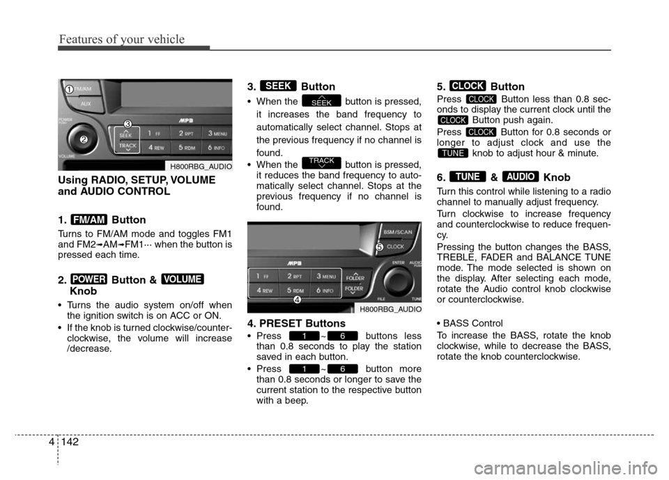 Hyundai Accent 2013  Owners Manual Features of your vehicle
142 4
Using RADIO, SETUP, VOLUME
and AUDIO CONTROL
1. Button
Turns to FM/AM mode and toggles FM1
and FM2➟AM➟FM1··· when the button is
pressed each time.
2. Button & 
Kn