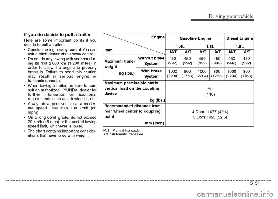 Hyundai Accent 2013  Owners Manual 551
Driving your vehicle
If you do decide to pull a trailer  
Here are some important points if you
decide to pull a trailer:
• Consider using a sway control. You can
ask a hitch dealer about sway c