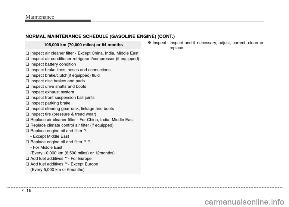 Hyundai Accent 2013 Owners Manual Maintenance
16 7
NORMAL MAINTENANCE SCHEDULE (GASOLINE ENGINE) (CONT.)
105,000 km (70,000 miles) or 84 months
❑ Inspect air cleaner filter - Except China, India, Middle East
❑ Inspect air conditio Hyundai Accent 2013 Owners Manual Maintenance
16 7
NORMAL MAINTENANCE SCHEDULE (GASOLINE ENGINE) (CONT.)
105,000 km (70,000 miles) or 84 months
❑ Inspect air cleaner filter - Except China, India, Middle East
❑ Inspect air conditio