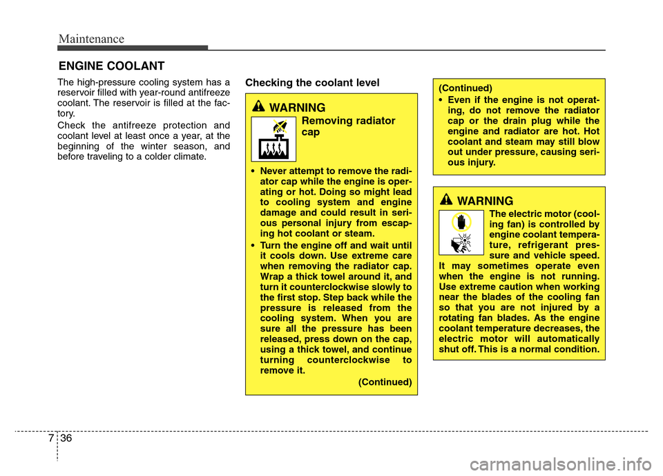 Hyundai Accent 2013  Owners Manual Maintenance
36 7
ENGINE COOLANT
The high-pressure cooling system has a
reservoir filled with year-round antifreeze
coolant. The reservoir is filled at the fac-
tory.
Check the antifreeze protection an