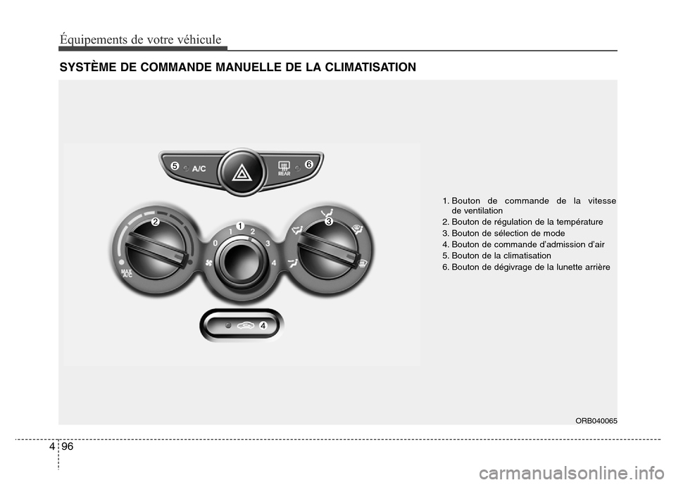 Hyundai Accent 2013 Manuel du propriétaire (in French) Équipements de votre véhicule
96 4
SYSTÈME DE COMMANDE MANUELLE DE LA CLIMATISATION
1. Bouton de commande de la vitesse
de ventilation
2. Bouton de régulation de la température
3. Bouton de sél Hyundai Accent 2013 Manuel du propriétaire (in French) Équipements de votre véhicule
96 4
SYSTÈME DE COMMANDE MANUELLE DE LA CLIMATISATION
1. Bouton de commande de la vitesse
de ventilation
2. Bouton de régulation de la température
3. Bouton de sél