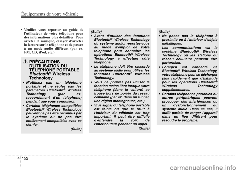 Hyundai Accent 2013  Manuel du propriétaire (in French) Équipements de votre véhicule
152 4
• Veuillez vous reporter au guide de
lutilisateur de votre téléphone pour
des informations plus détaillées. Pour
arrêter la musique, essayez darrêter
la