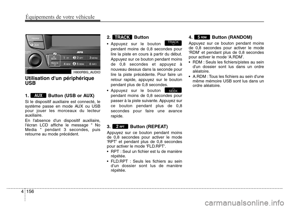 Hyundai Accent 2013  Manuel du propriétaire (in French) Équipements de votre véhicule
156 4
Utilisation dun périphérique
USB
1. Button (USB or AUX)
Si le dispositif auxiliaire est connecté, le
système passe en mode AUX ou USB
pour jouer les morceaux