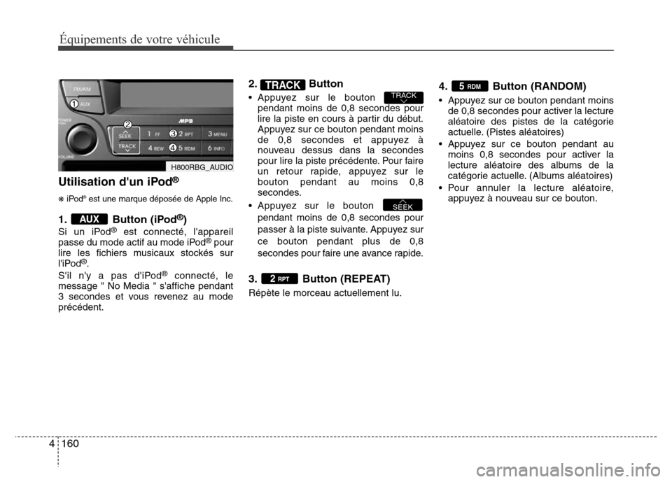 Hyundai Accent 2013 Manuel du propriétaire (in French) Équipements de votre véhicule
160 4
Utilisation dun iPod®
❋iPod®est une marque déposée de Apple Inc.
1. Button (iPod®)
Si un iPod®est connecté, lappareil
passe du mode actif au mode iPod Hyundai Accent 2013 Manuel du propriétaire (in French) Équipements de votre véhicule
160 4
Utilisation dun iPod®
❋iPod®est une marque déposée de Apple Inc.
1. Button (iPod®)
Si un iPod®est connecté, lappareil
passe du mode actif au mode iPod