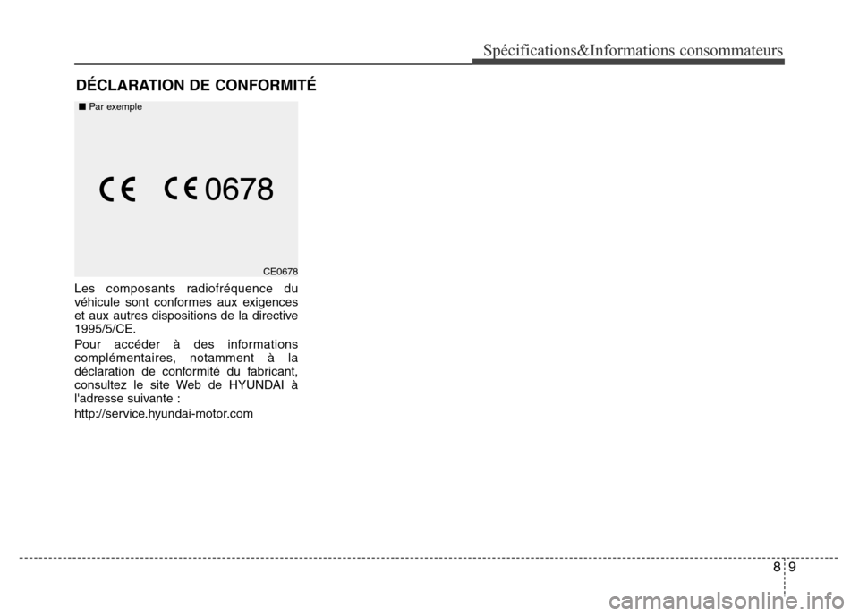 Hyundai Accent 2013 Manuel du propriétaire (in French) 89
Spécifications&Informations consommateurs
Les composants radiofréquence du
véhicule sont conformes aux exigences
et aux autres dispositions de la directive
1995/5/CE.
Pour accéder à des inform Hyundai Accent 2013 Manuel du propriétaire (in French) 89
Spécifications&Informations consommateurs
Les composants radiofréquence du
véhicule sont conformes aux exigences
et aux autres dispositions de la directive
1995/5/CE.
Pour accéder à des inform