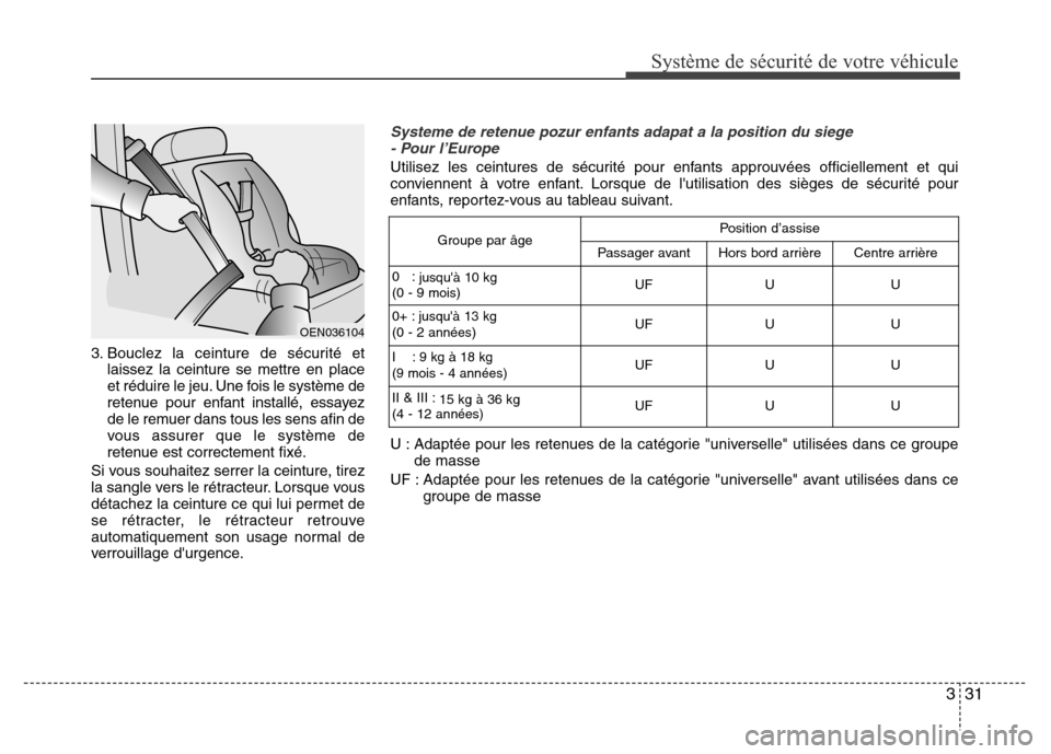 Hyundai Accent 2013  Manuel du propriétaire (in French) 331
Système de sécurité de votre véhicule 
3. Bouclez la ceinture de sécurité et
laissez la ceinture se mettre en place
et réduire le jeu. Une fois le système de
retenue pour enfant installé,
