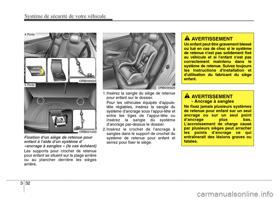 Hyundai Accent 2013  Manuel du propriétaire (in French) Système de sécurité de votre véhicule 
32 3
Fixation dun siège de retenue pour
enfant à laide dun système d
«ancrage à sangles » (le cas échéant)
Les supports pour crochet de retenue
p