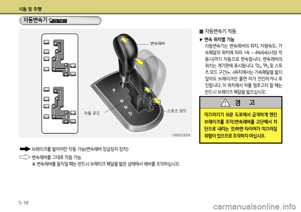 Hyundai Accent 2013  엑센트 RB - 사용 설명서 (in Korean) 시동 및 주행 5-18
변속레버
자동 모드스포츠  모드
ORB050004
 
̰ 자동변속기 작동
▶ 변속 위치별 기능
 
자동변속기는  변속레버의  위치 , 차량속도 , 가
