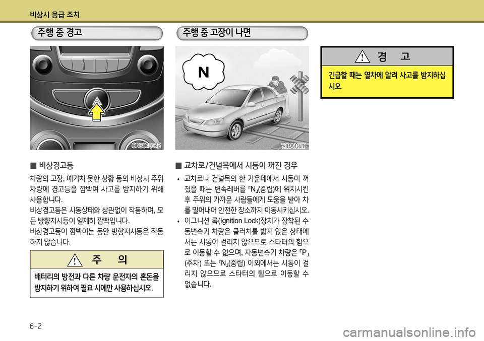 Hyundai Accent 2013 엑센트 RB - 사용 설명서 (in Korean) 비상시 응급 조치 6-2
̰ 비상경고등
차량의
고장 , 예기치 못한 상황 등의 비상시 주위
차량에 경고등을 깜빡여 사고를 방지하기 위해
사용 Hyundai Accent 2013 엑센트 RB - 사용 설명서 (in Korean) 비상시 응급 조치 6-2
̰ 비상경고등
차량의
고장 , 예기치 못한 상황 등의 비상시 주위
차량에 경고등을 깜빡여 사고를 방지하기 위해
사용