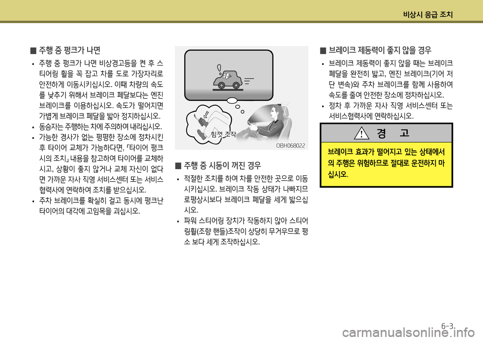 Hyundai Accent 2013 엑센트 RB - 사용 설명서 (in Korean) 비상시 응급 조치6-3
̰ 주행 중 펑크가 나면
• 주행
중 펑크가 나면 비상경고등을 켠 후 스
티어링 휠을 꼭 잡고 차를 도로 가장자리로
Hyundai Accent 2013 엑센트 RB - 사용 설명서 (in Korean) 비상시 응급 조치6-3
̰ 주행 중 펑크가 나면
• 주행
중 펑크가 나면 비상경고등을 켠 후 스
티어링 휠을 꼭 잡고 차를 도로 가장자리로