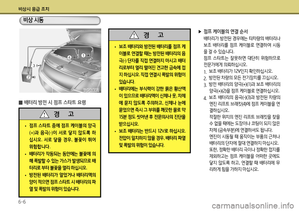 Hyundai Accent 2013 엑센트 RB - 사용 설명서 (in Korean) 비상시 응급 조치 6-6
̰ 배터리 방전 시 점프 스타트 요령
▶ 점프 케이블의 연결 순서
배터리가 방전된 경우에는 타차량의 배터리나
보조 배 Hyundai Accent 2013 엑센트 RB - 사용 설명서 (in Korean) 비상시 응급 조치 6-6
̰ 배터리 방전 시 점프 스타트 요령
▶ 점프 케이블의 연결 순서
배터리가 방전된 경우에는 타차량의 배터리나
보조 배