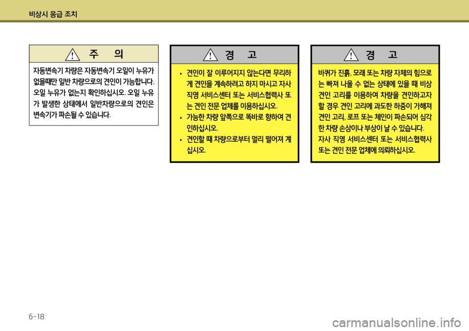 Hyundai Accent 2013  엑센트 RB - 사용 설명서 (in Korean) 비상시 응급 조치 6-18
바퀴가 진흙 , 모래  또는  차량  자체의  힘으로
는  빠져  나올  수  없는  상태에  있을  때  비상  
견인  고리를  이용하여  차량