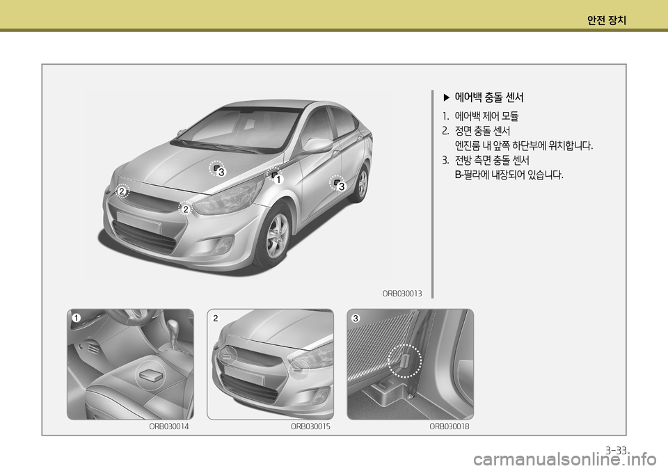 Hyundai Accent 2013 엑센트 RB - 사용 설명서 (in Korean) 안전 장치3-33
▶ 에어백 충돌 센서
1. 에어백 제어 모듈
2 . 정면 충돌 센서
엔진룸 내 앞쪽 하단부에 위치합니다 .
3 . 전방 측면 충돌 센서
Hyundai Accent 2013 엑센트 RB - 사용 설명서 (in Korean) 안전 장치3-33
▶ 에어백 충돌 센서
1. 에어백 제어 모듈
2 . 정면 충돌 센서
엔진룸 내 앞쪽 하단부에 위치합니다 .
3 . 전방 측면 충돌 센서
