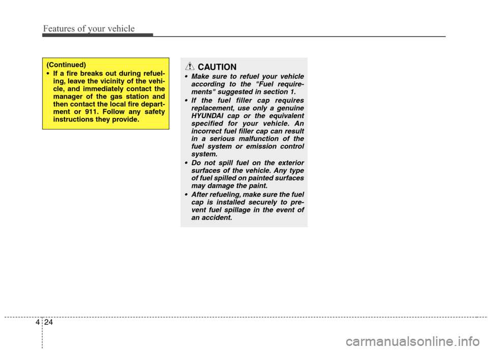 Hyundai Accent 2012  Owners Manual Features of your vehicle
24
4
(Continued)
 If a fire breaks out during refuel-
ing, leave the vicinity of the vehi-
cle, and immediately contact the
manager of the gas station and
then contact the loc